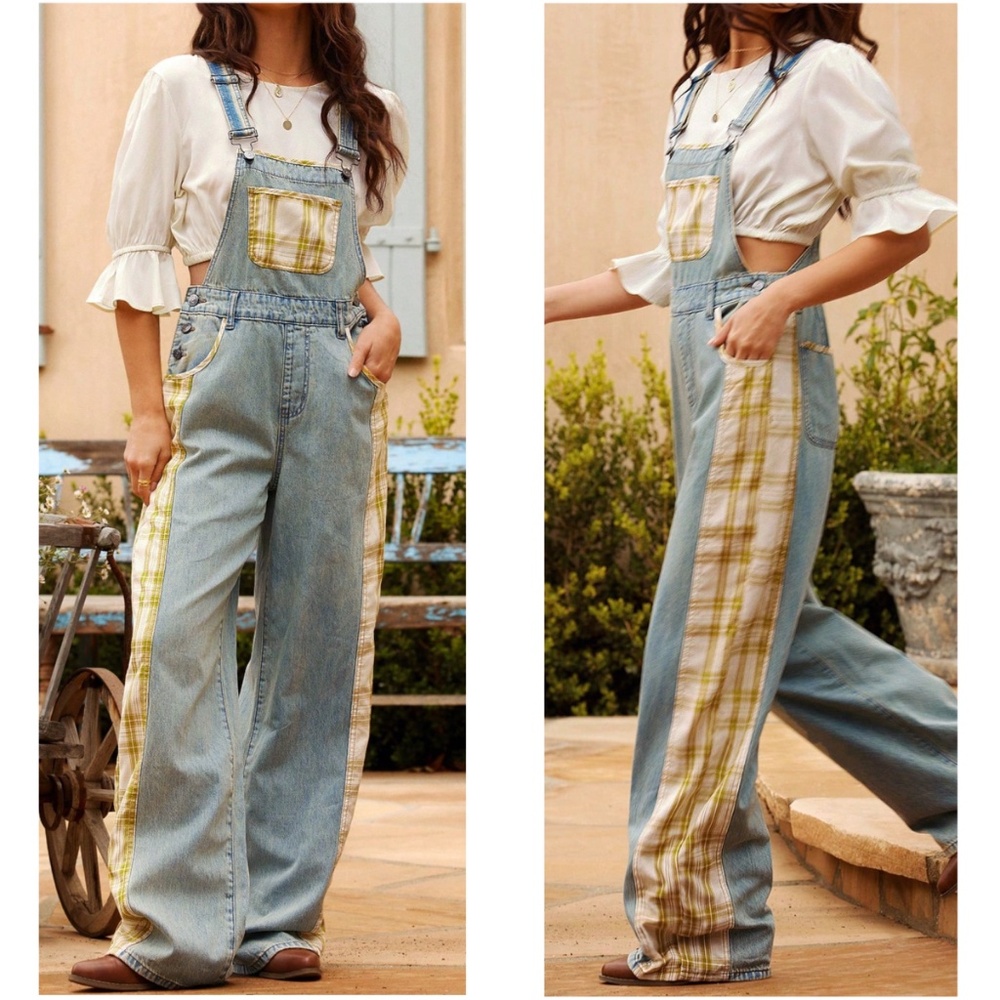 Light Wash Plaid print Pockets Straight Leg Denim Jeans Overalls